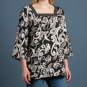ALEXANDRA BARTLETT Mod Swirl Abstract Square Neck Monochrome Linen Tunic
